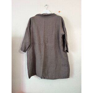Linenbee Womens Loose Fit 3/4 Sleeve Brown European Linen Tunic Top High Neck